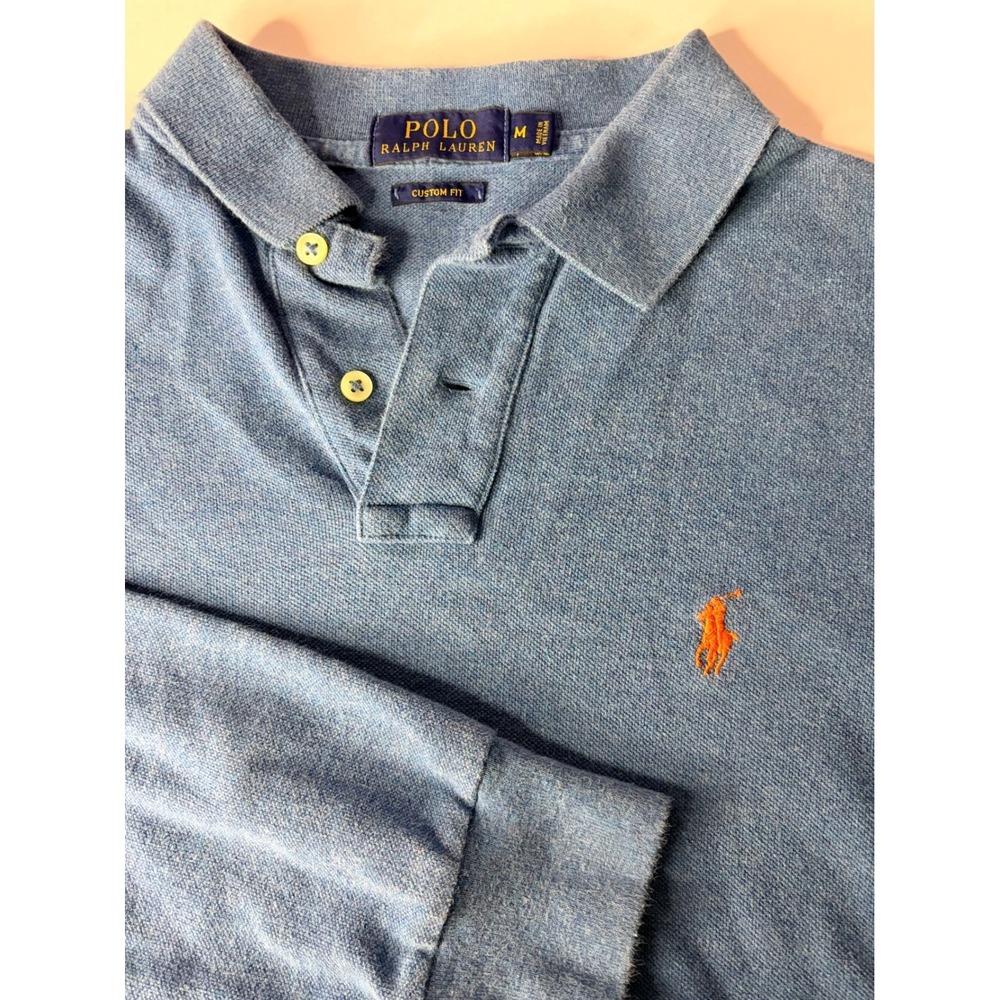 Polo Ralph Lauren Mens Custom Fit Long Sleeve Polo Shirt Blue Orange Pony